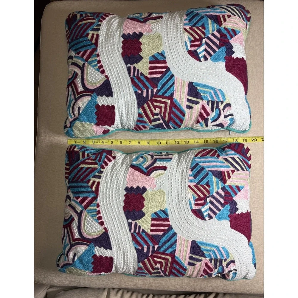 RARE Anthropologie Jazmin Berakha Parallel Embroidered Throw Pillows TWO Boho